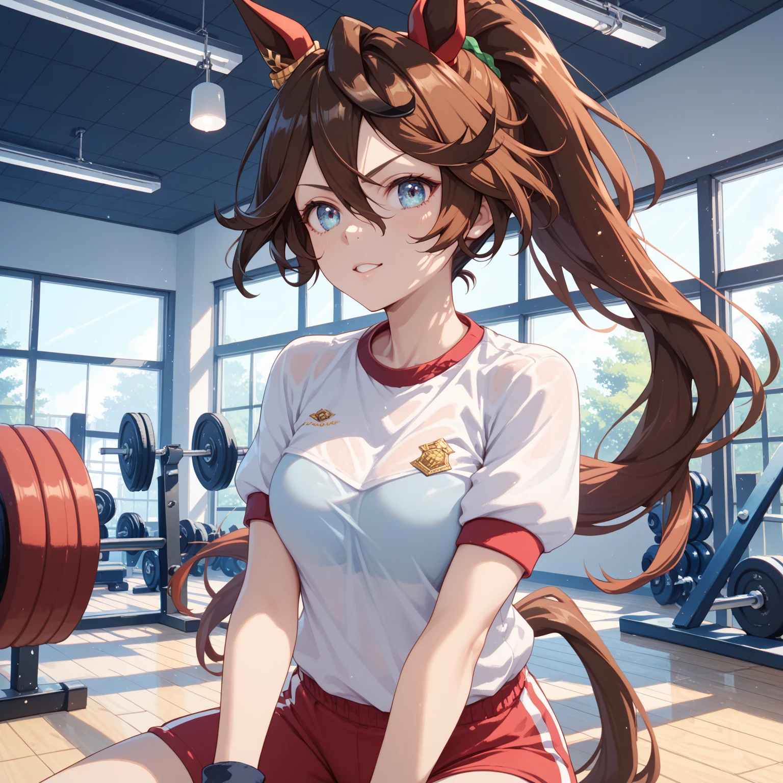 Raphtalia atractiva mujer. orejas de oso, cabello naranja, red eyes like rubies, pechos grandes, Ropa Fitness Mujer. roja. cuerpo sudado, sudor en su pecho escote. He is in a gym exercising. pechos grandes. sonrisa. manos perfectas.