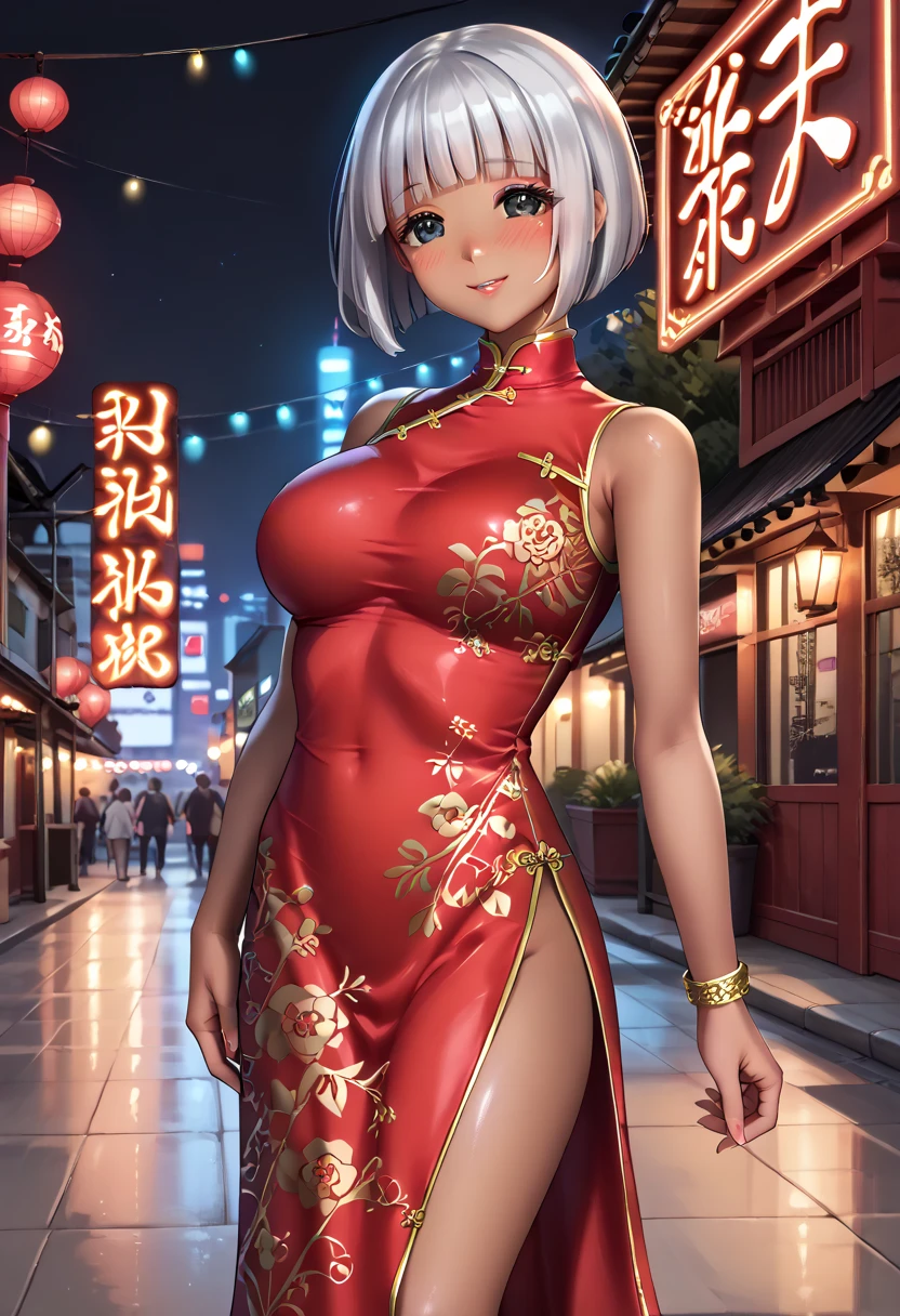 figure of a big breast white short hair, sweaty cleavage, elegant red china dress with golden dragon print
