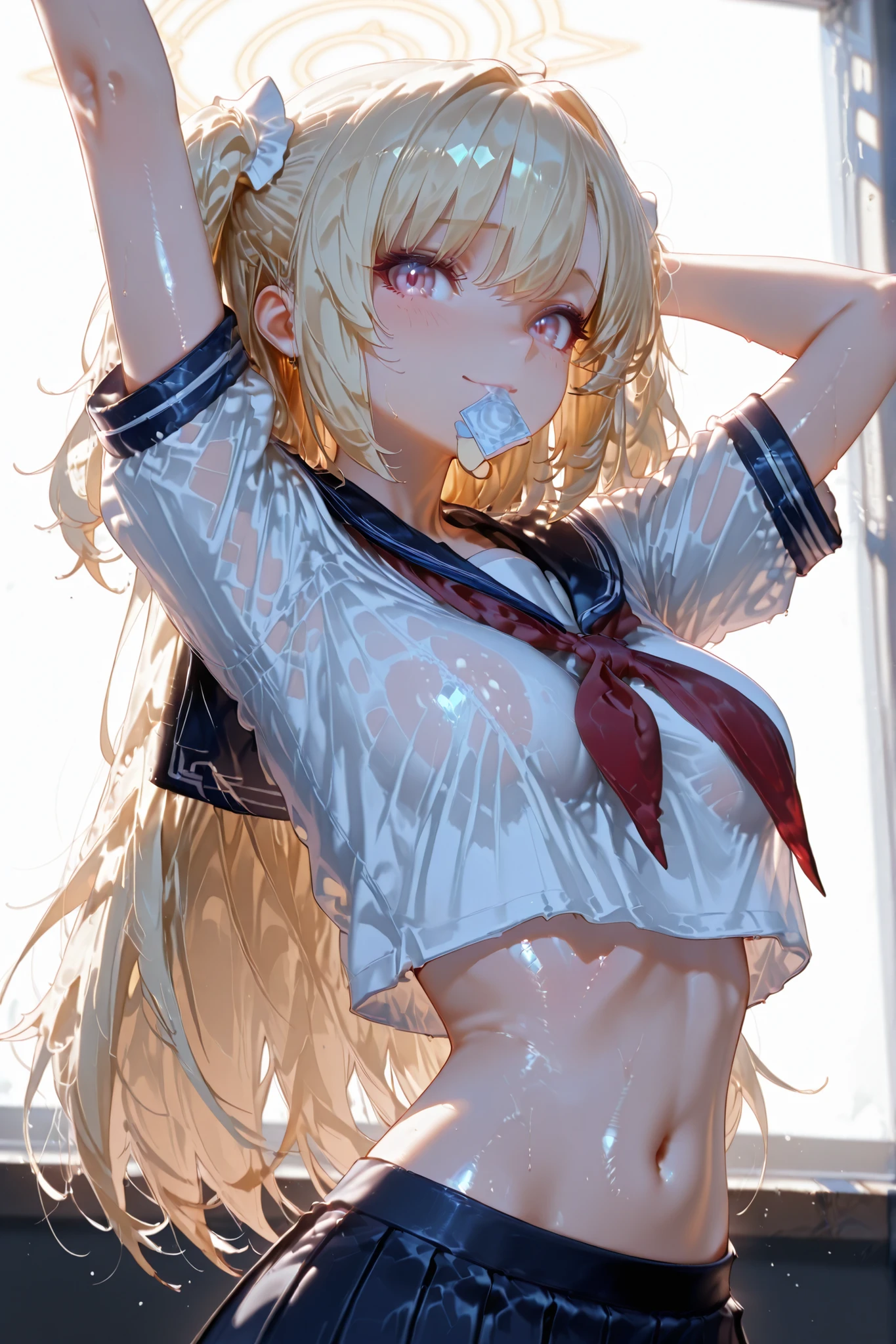 absurdres, (masterpiece, best quality), (ultra-detailed), extremely detailed,super high resolution, (Top Quality photorealistic Illustration), (Super Definition), (best quality,masterpiece:1.0),(cute illustration:1.3), (high Saturation:1.2), highres, ultra-detailed, 32k,8k resolution, intricate details, cinematic scene, detailed background, detailed background, super high precision, hiquality, top-quality, dynamic angle, close to viewer,breast focus,looking at viewer,bathroom, upper body BREAK the beauty of one beautiful girl, shiina mahir, aamahiru, (round face:1.6), (baby face:1.6), (kawaii:1.6), (cute:1.6), (loli:1.6), (slim body:1.6), (narrow waist, narrow thighs:1.6), (narrow stomach:1.6),Brown-eyed, high resolution eyes, beautiful eyes, light in the eyes, blonde long hair, fine-grained skin, red cheeks, BREAK (show off nipples:1.8), (completely nude:1.8),beautiful small breasts, (small nipples:1.6), (small areolas:1.6), ((sweaty)), ((dewy)),(Reaching Out:1.4),(smile:1.6),