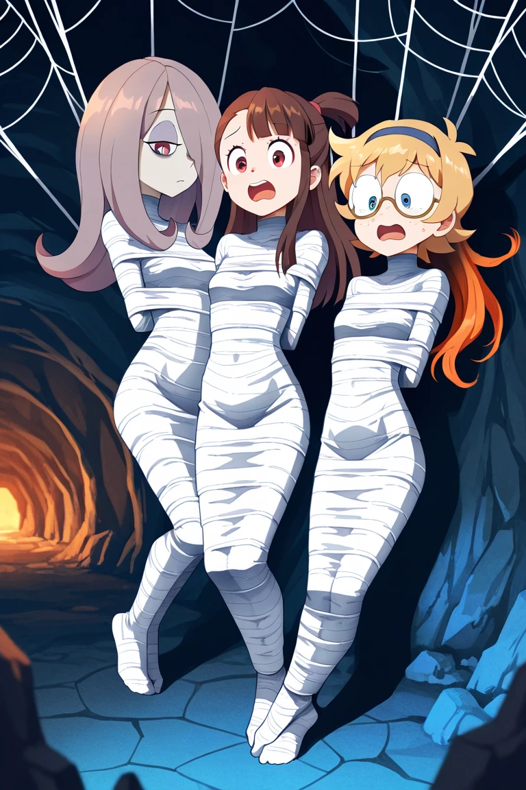2 girls, trapped within sticky slimy cocoons made of silk, surrounded by worms