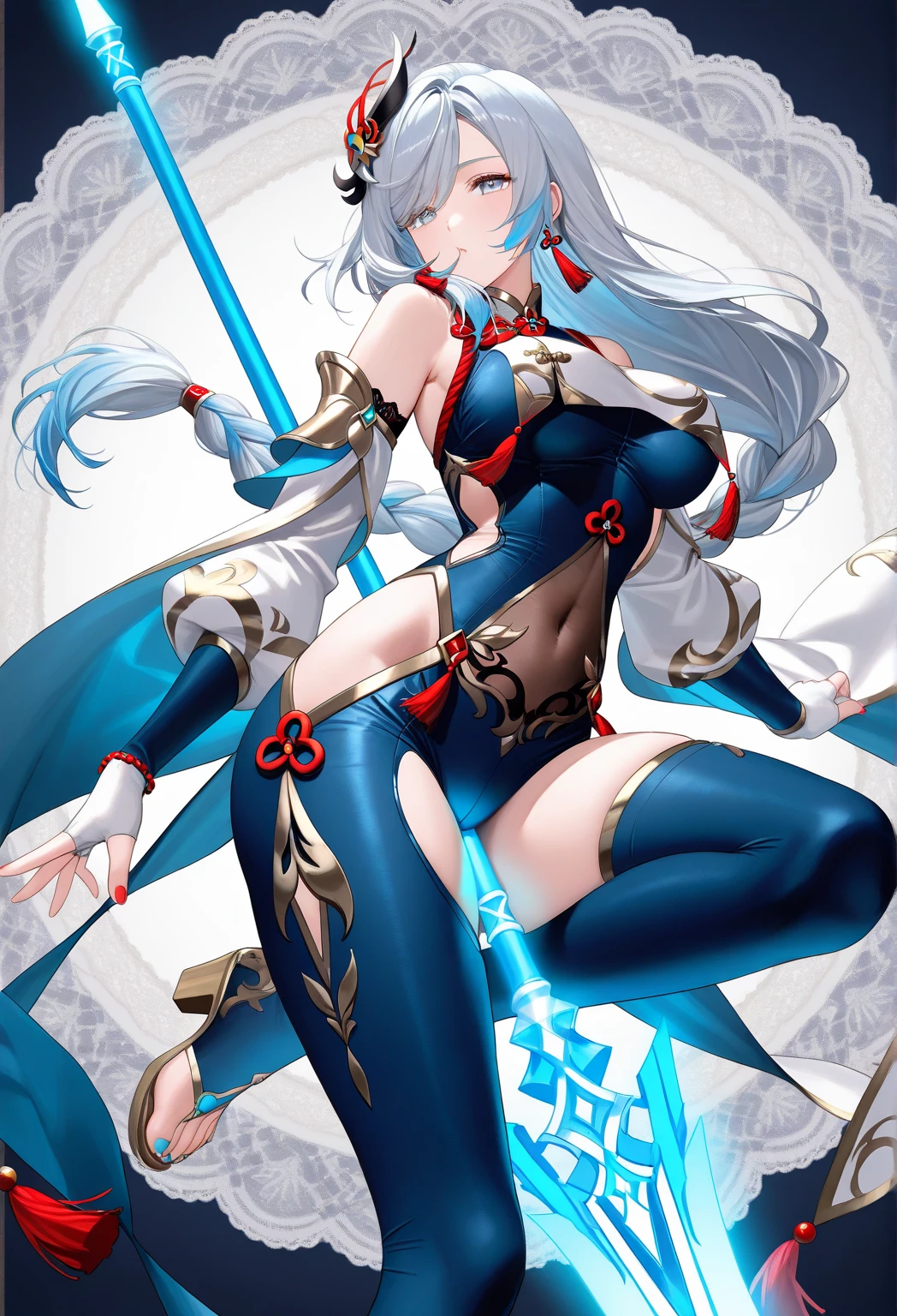 masterpiece, best quality, JingliuV5, 1girl, solo, looking at viewer, red eyes, gloves, dress, holding, bare shoulders, closed mouth, weapon, boots, sky, black gloves, sword, holding weapon, night, holding sword, moon, night sky, full moon,