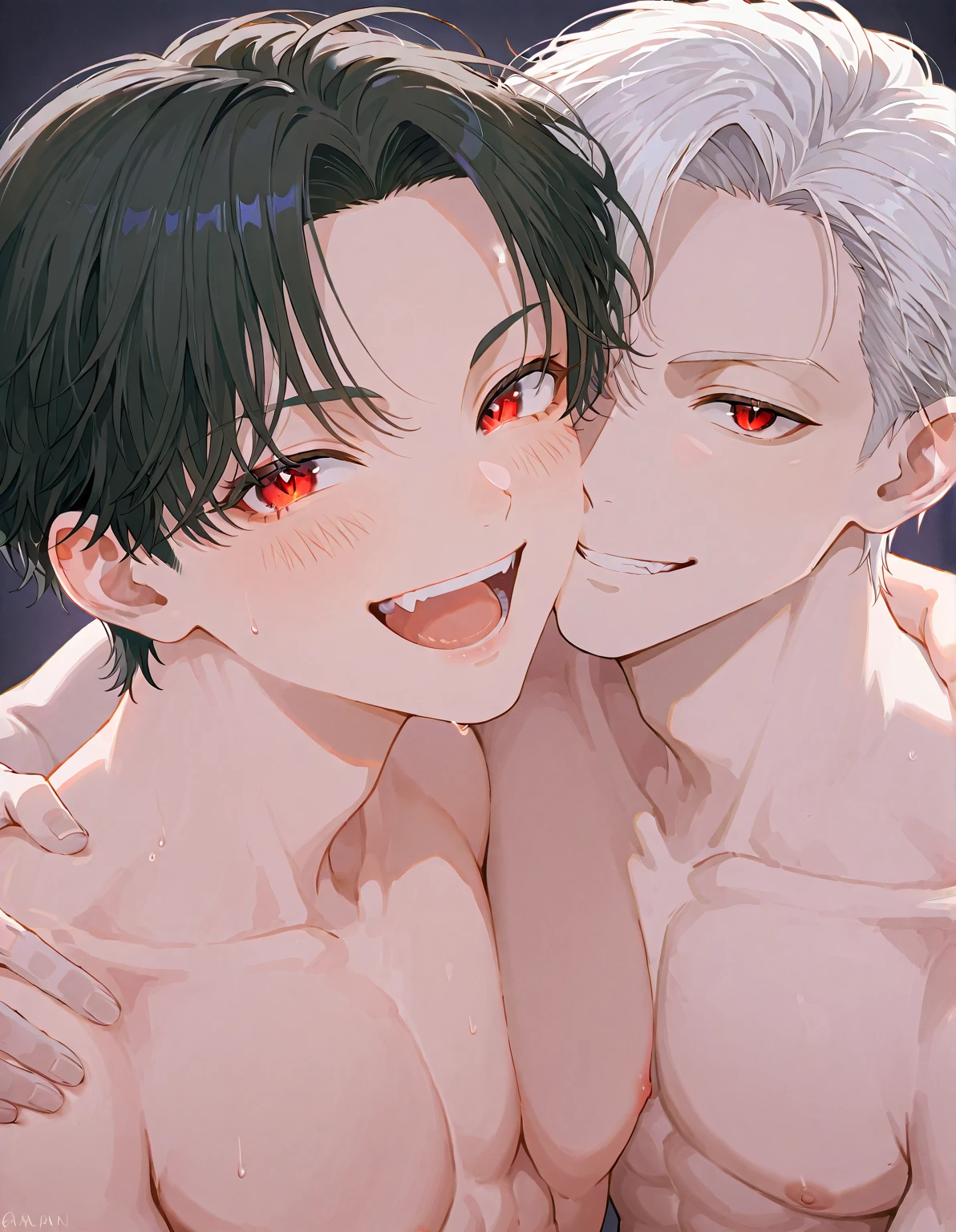 2 boy, Gay relationship, shirtless, nakeness, (zoom in on the face, face only), mesy hair, different height, (boy kissing little boy), sweating, skinny body, slim body