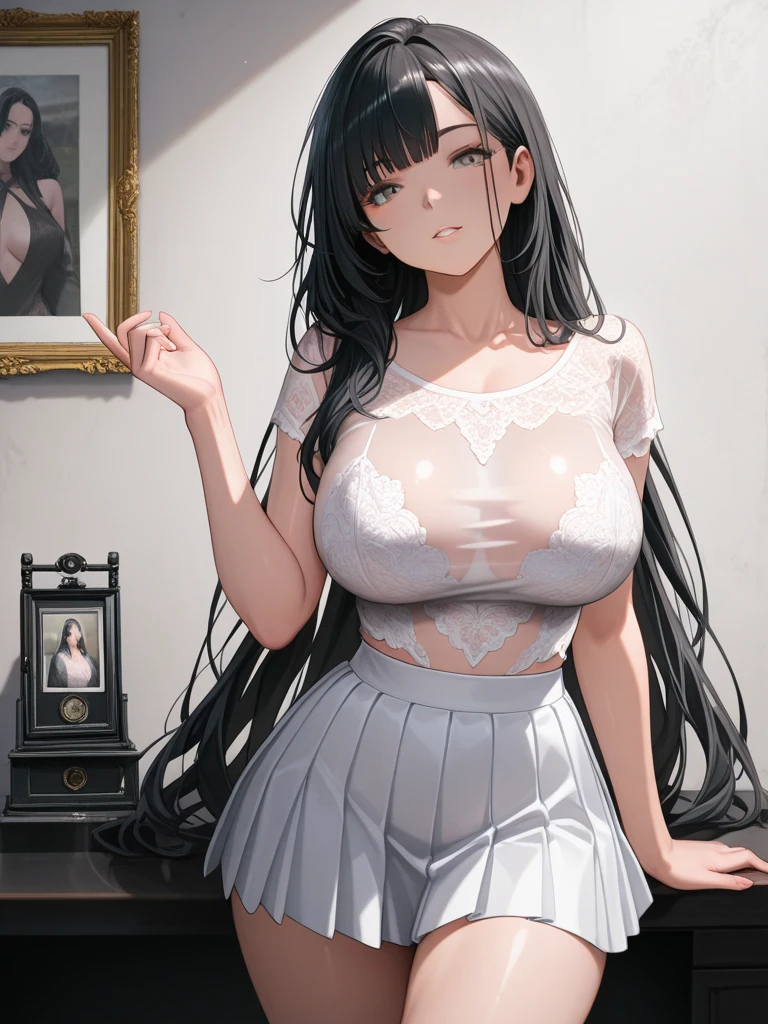 beautiful lady、gigantic breasts、Long Black Hair、White clothes、Frilled shirt、skirt、necklace、Love hotel room、standing