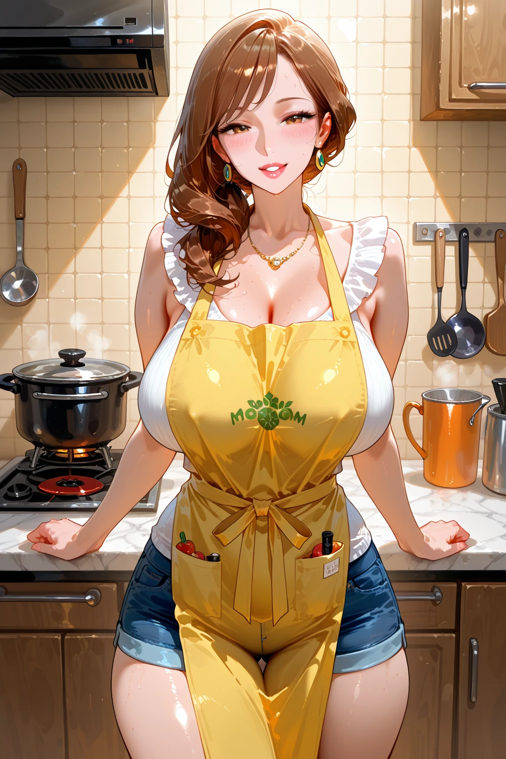 (realista), (obra maestra, mejor calidad), caliente (Lisa Ann), Mujer rubia con ojos azules y vestido verde de lunares en la cocina., oil painting, rasgos faciales detallados, colores vibrantes, natural lighting, cocina decorada con estilo, Armarios de madera, marble countertops, colgar ollas y sartenes, frutas frescas en la mesa, Un ramo de flores, vapor saliendo de una olla en la estufa, La luz del sol entrando por la ventana, Crisp and clear textures, enfoque intenso en los ojos y los labios, pcalienteo-realista rendering, retrato profesional, Pinceladas pulidas.