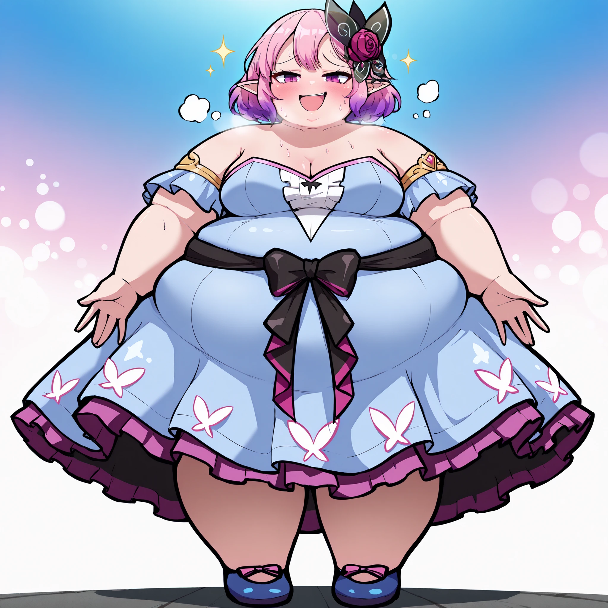 masterpiece, best quality, anime, 2d, 1girl, (anime screencap), (slender), (large breasts), solo, luc1didol
BREAK (gradient hair, pink hair, purple hair, pointy ears, short hair), outdoors
BREAK (blue dress, strapless dress, waist ribbon, black ribbon, pink ribbon, pink frills, frills, detached sleeves, bare shoulders, blue shoes, blue sleeves, short sleeves, collarbone, armlet, hair ornament, butterfly hair ornament, hair flower, rose,), ,, sparkle, smug, hands on side, , smile, open eyes wide,
BREAK (looking at viewer, full body, 1.2), (purple eyes, smirk)
BREAK , bokeh, luminescent background, bulging belly, fat, chubby, obese, open mouth, out of breath, absurdres, highres icon, rating:General, confused, blush, {flustered}, nervous sweating, portrait, straight-on, from below, swollen face, masterpiece, best quality, ultra-detailed, high resolution, 8K,