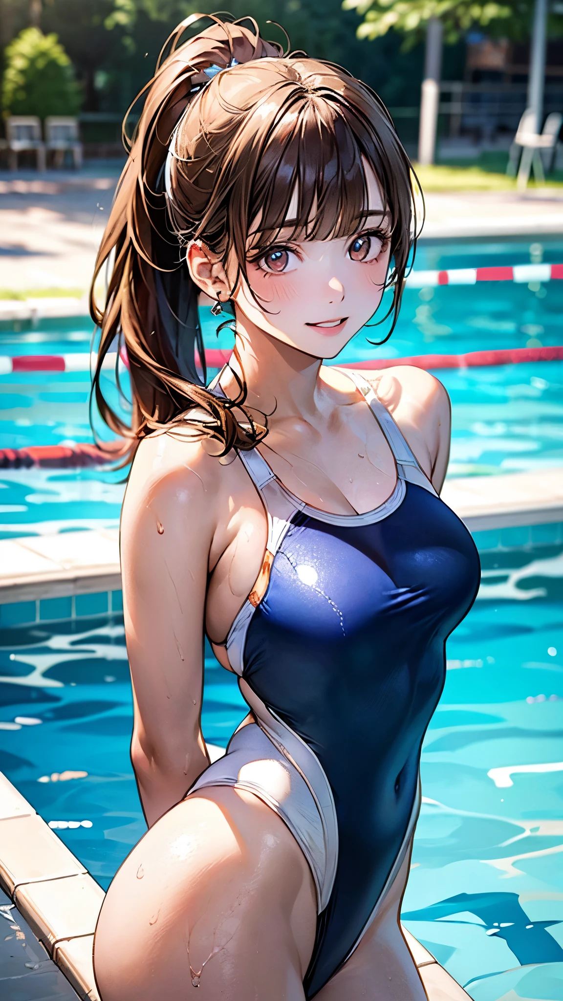 (*****, highest quality, 8k, masterpiece, Best image quality, High Resolution, Super Detail, Ultra HD, (Delicate and smooth skin, Realistic Skin, Perfect and beautiful face ,Perfect and pretty face, Skin with attention to detail, Perfect limbs)), One girl , Brown eyes, Knees together, Earrings, Blushing, Brown Hair , Cleavage , clavicle , Swimsuit , Woman with dark skin , Hair Bun , Big Breasts , Looking up at the viewer , In the pool , On the pool ladder, Side Lock , single Hair Bun , alone , Two-tone one-piece swimsuit , Water dripping from face, izumi mei (Idol Master)