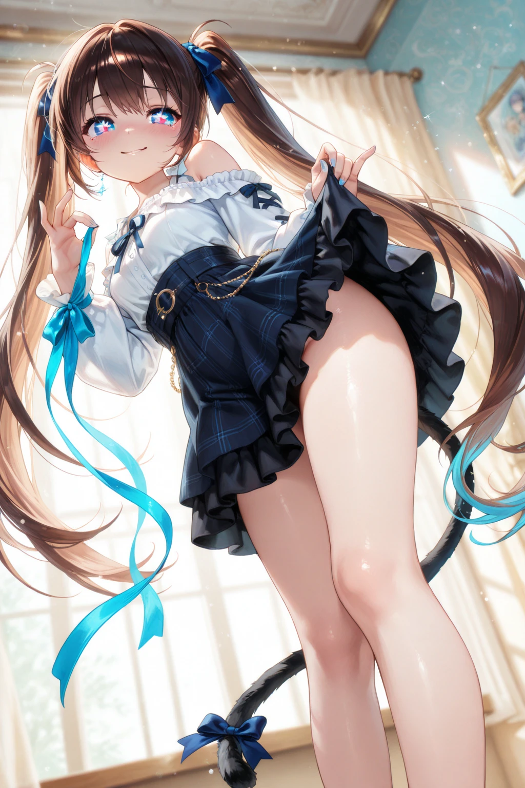 1girl,solo, big eyes, cowboy shot, (:1.3), hinatsuru ai, blue eyes, dark hair, brown hair, absurdly long hair, ahoge, twintails, sleeveless,(((lift skirt,lace panties))),thighhighs