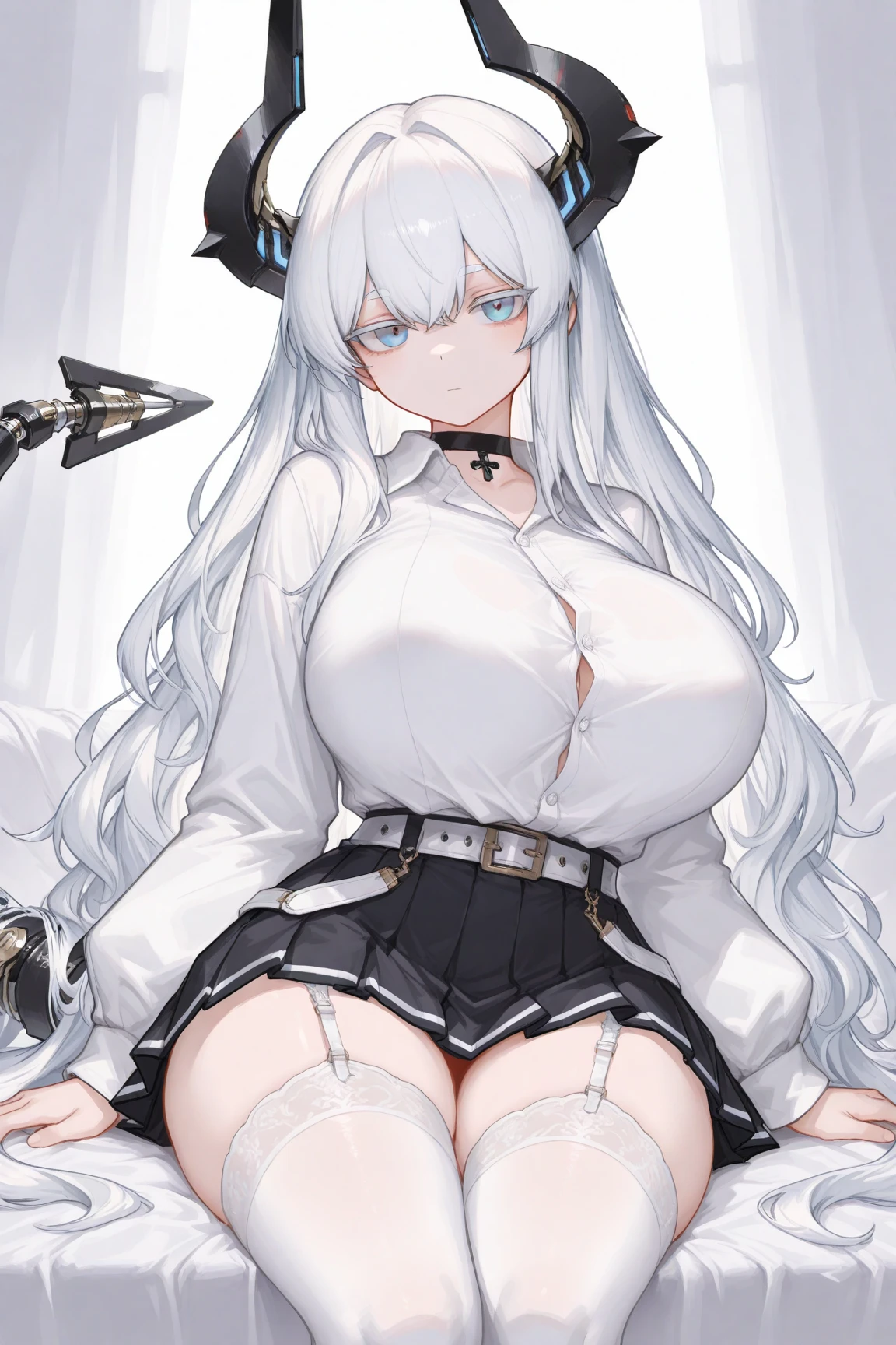 Striped hair，White color hair, Weaving, Student mismatch, Chiaroscuro, Backlight, Gothic art, 16K, best quality, Anatomically correct, Very detailed，nun，(White)，Red pupil，belt，(Smile)，bandage，Introversion，Leg ring，chain，((Devout nun))，Heart-shaped openwork，((Thigh strangle))，(pubic)，(Silk gloves)，Elf ears，((underboobs))，((Below the breasts))，((Lower breasts))