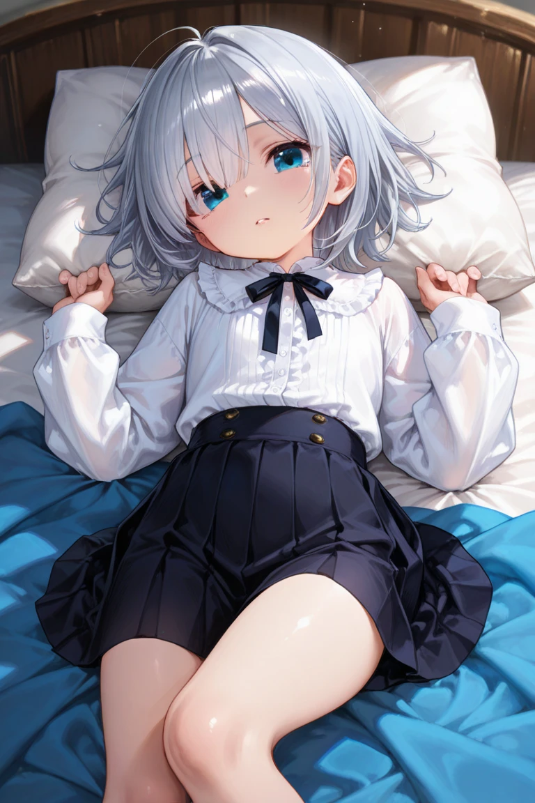 masutepiece, Best Quality,Illustration, Wallpaper, Ultra Detail, Little Face Girl、((fear:1.5))、(Teary-eyed:1.5)、(((Cute underwear)))、She makes me lie down and spread my legs.