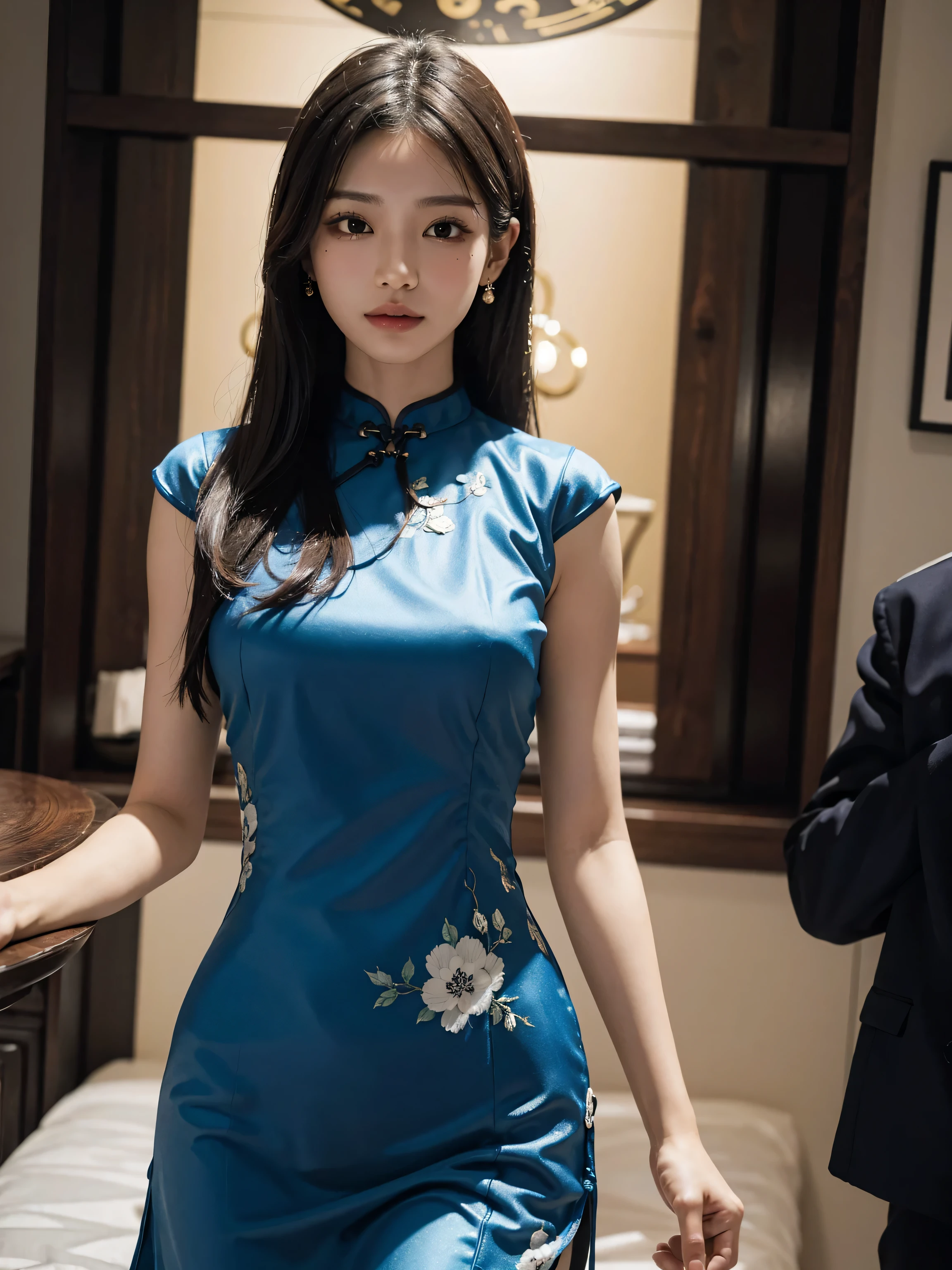 (Hyperrealistic,)4K,35mm,hyper-high detail, Professional lighting, Best quality, Ultra-high resolution, Visually stunning, (1girll:1.3), National style cheongsam,,realskin,(Perfect body 1.3)Ultra-fine face。