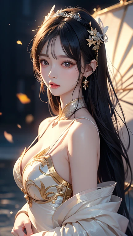 photorealistic, high resolution, soft light,1women, solo, hips up, (detailed face),tattoo, jewelry, bare shoulders, black background, black dress, black gloves, black hair, breasts, closed mouth, cowboy shot, dress, earrings, expressionless, fingerless gloves, floating hair, gloves, gold earrings, gold hairband, hair flower, hair ornament, hairband, jewelry, large breasts, light particles, long hair, looking at viewer, off-shoulder dress, off shoulder, petals, red eyes, short hair with long locks, sidelocks, solo, spikes, thighs, two-sided dress, two-sided fabric