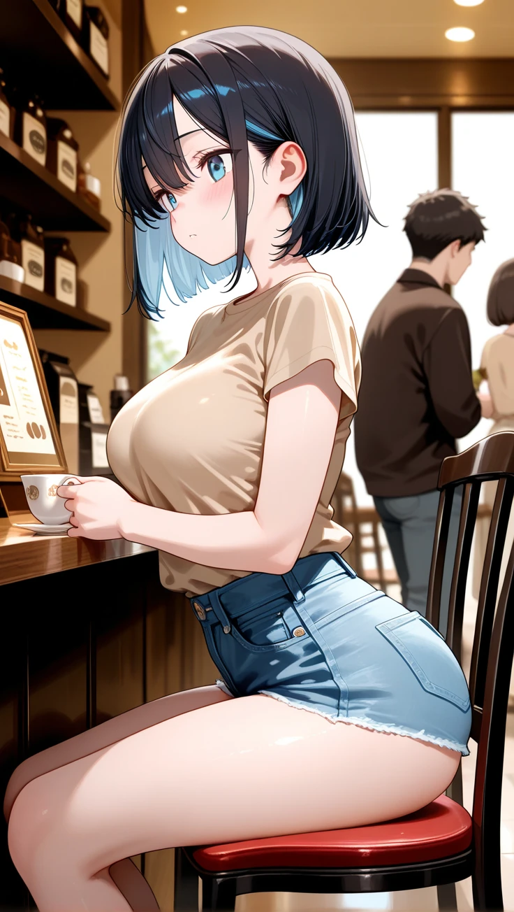 ((Anime Art Style)),(masterpiece:1.2, best quality), (Super Detail),((Very delicate and beautiful)),(Full body portrait),((mature woman)), ((black hair)), ((short hair)), (Gigantic Breasts), (thick woman) , monster girl, cow girl, ((cow horns)), (((white horns))), ((cow ears)), inhuman ears, ((cow tail)), black tail, tail hanging low, ((Blue Eyes)),expressive eyes, ((perfect blue eyes)), ((detailed eyes)), perfect face, white skin, hard nipples, ((fully closed sweater)), high heels, ((comfy jeans)), ((sitting in a chair)), (((cafe bar)))
