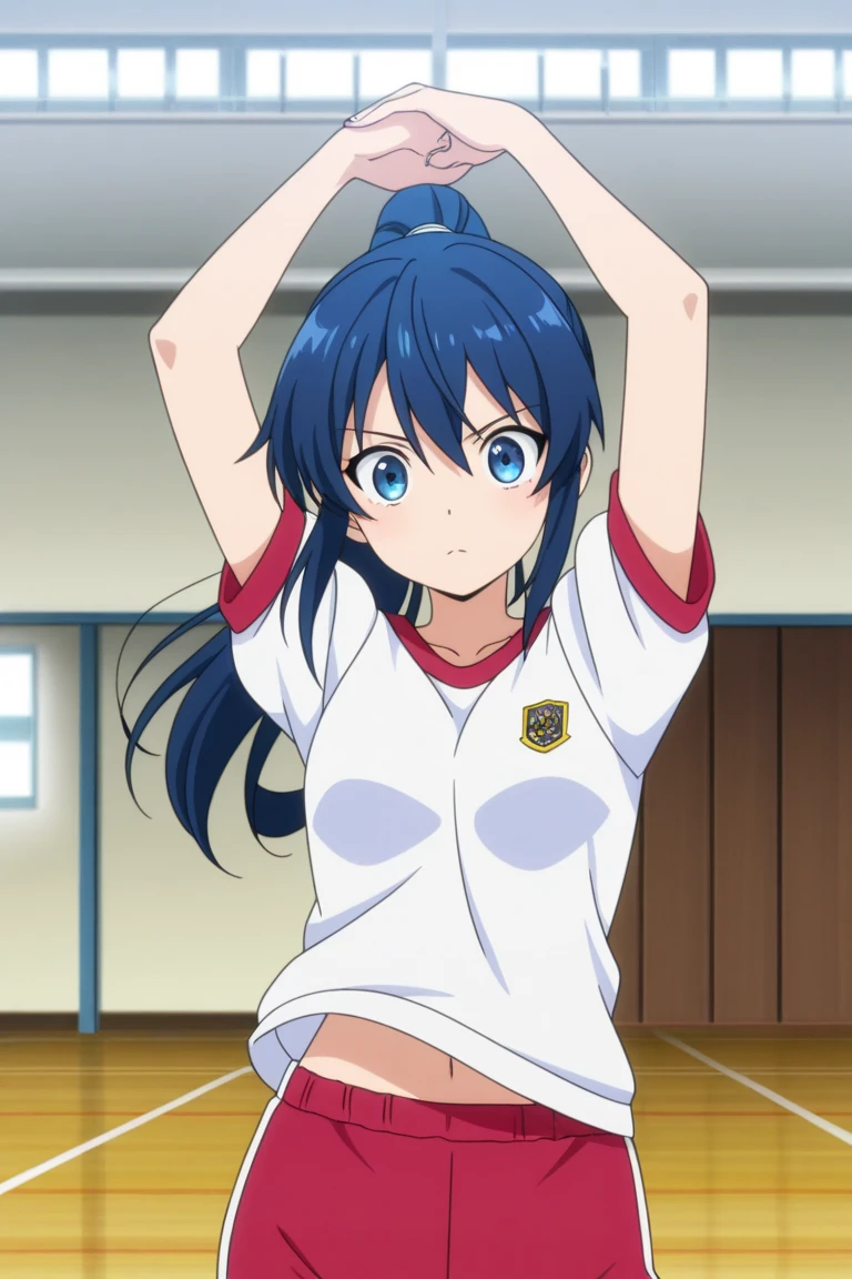 score_9, score_8_up, score_7_up, score_6_up, score_5_up, score_4_up, BREAK, source_anime, anime screencap, anime coloring, 1girl, solo, perfect anatomy, Fuwa Kokone, blue hair, medium hair, green eyes, lite smile, looking at viewer, navel, (skintight, very tight gym uniform, short sleeves, white shirt, shirt-in, under sized micro blue buruma, zettai ryouiki white thighhighs), sagging huge_breasts, tarechichi, erect nipples, thigh gap, indoor, double v, standing, skinny, (unshaven hairy natural public hair:1.3)