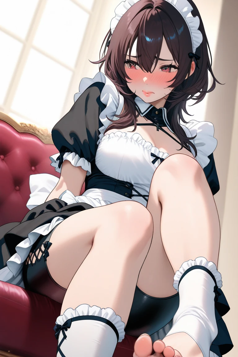 (masterpiece), 4K,woman,Long sleeve suit,Small breasts,Small Ass,Curly Twin Tails,Light bulb lighting,Realistic, skinny, Big smile,Frill Bra,((,Short bloomers under a skirt)),Sitting on the stairs,((Knee-length frill skirt)),Angle from below the knee