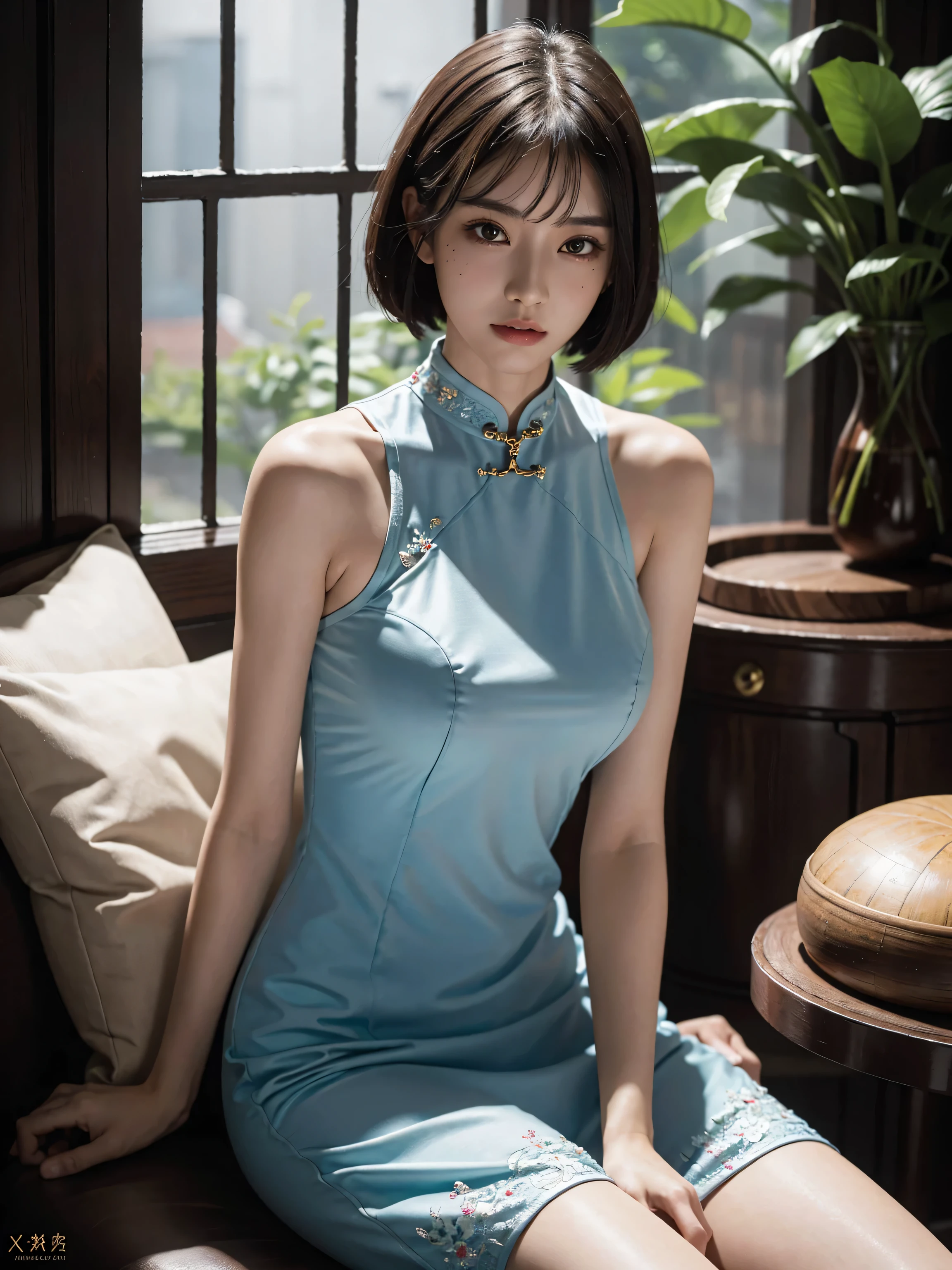 absurdres, RAW photo, extremely delicate and beautiful, masterpiece, Best Quality, ultra high resolution, 32k, hyperrealistic, ultra-detailed, perfect anatomy, perfect figure, super Detailed skin, 30 years old, very Slim body, narrow waist, very small head, very small face, delicate facial features, tearful mole, earring, thin legs, (((very huge round breasts))), (((full body shot))), short medium hair, ((wavy hair)), wet clothes, (((Cheongsam))), sleeveless,