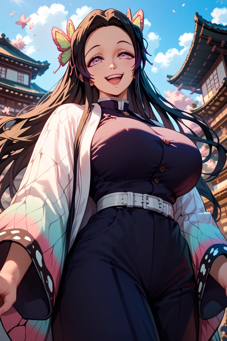 Yoruichi Shihouin, Dark skin, 1girl in, Solo, Kimono, , breasts, cleveage, hair between eye, Large breasts, (((ridiculously large breasts)))、(Ridiculously huge breasts:1.5)、((huge udder))、Long hair, Looking at Viewer, Purple hair, Pony tail, Solo, thighs thighs thighs thighs, Long hair, ((masutepiece)), , Soul Society,Shinigami Dress, Kimono, Standing, , blush, Shy, Smile, show teeth, Detailed hand, Beautiful Finger,