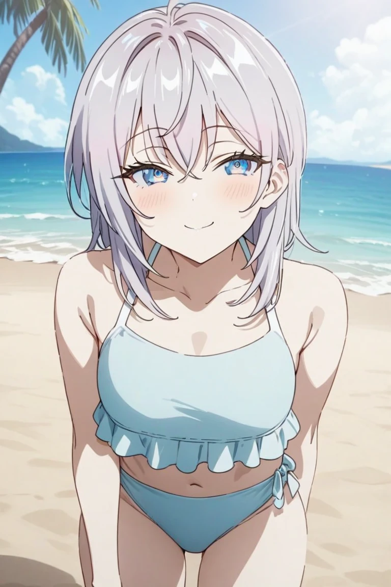 masterpiece,highres,high quality,extremely detailed,solo,
<lora:VladilenaMilize001:0.7>,looking at viewer,smile,open mouth,leaning_forward,
VladilenaMilize,1girl,
ahoge,
bikini,ocean,beach,sunshine,