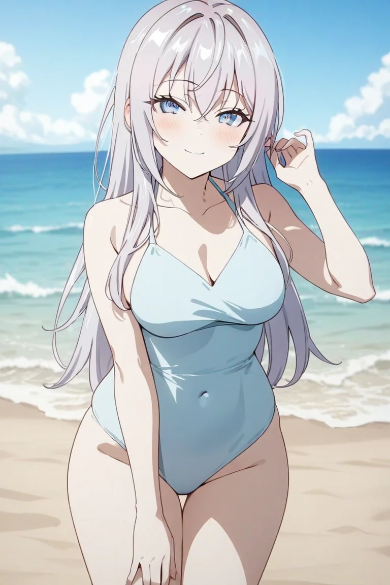 score_9, score_8_up, score_7_up, source_anime, reinamurasame, reina murasame, a drawing of a woman in a bikini looking into the water and smiling, 1girl, bikini, swimsuit, solo, big breasts, blue eyes, long hair, outdoors, cleavage, navel, wet, sky, smile, blush, side-tie bikini bottom, wading,reina murasame, long hair, grey hair