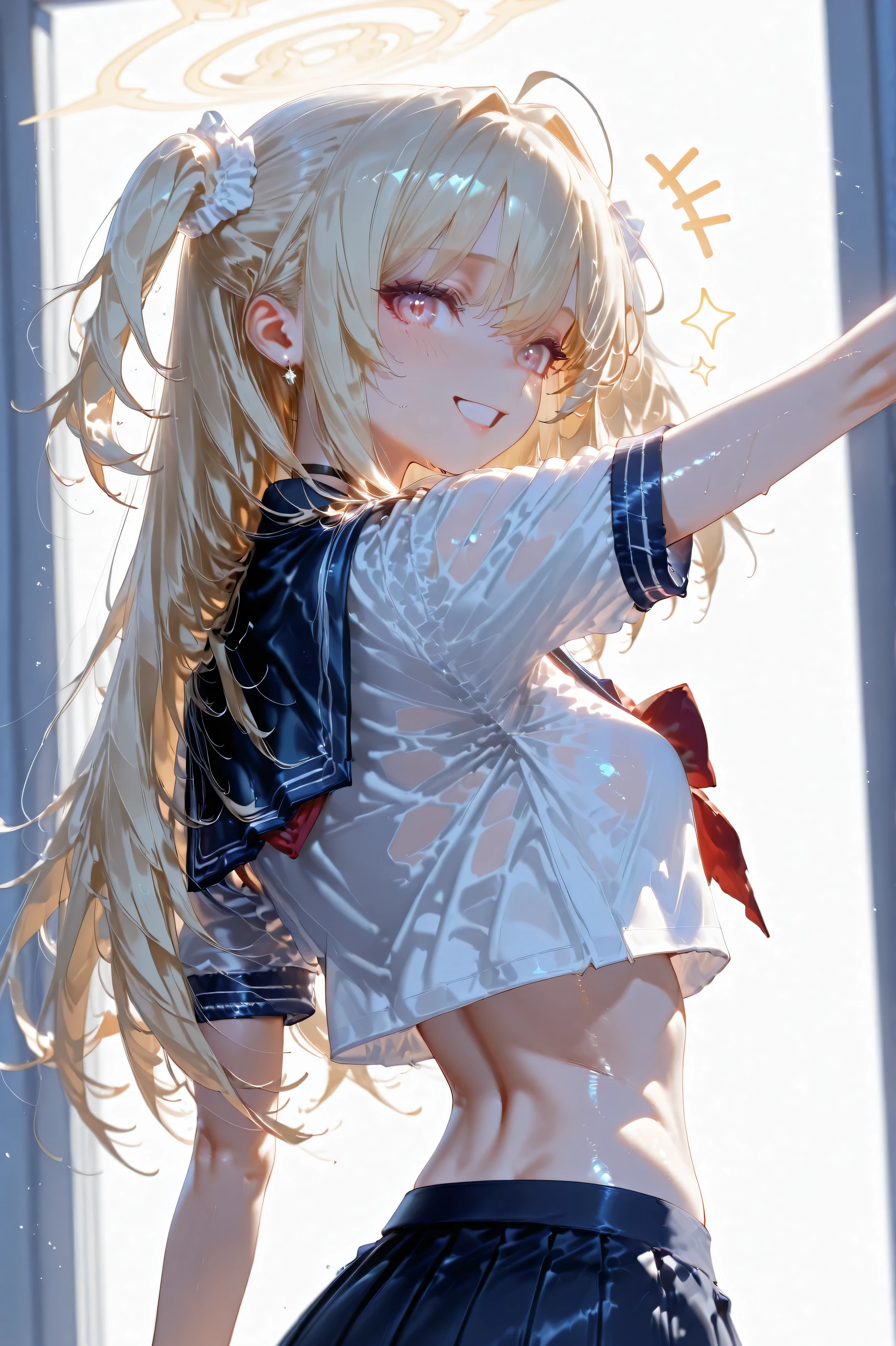 Silver hair, twin tails, breasts, ((big)), shirt, camisole, sweat, armpits, blonde