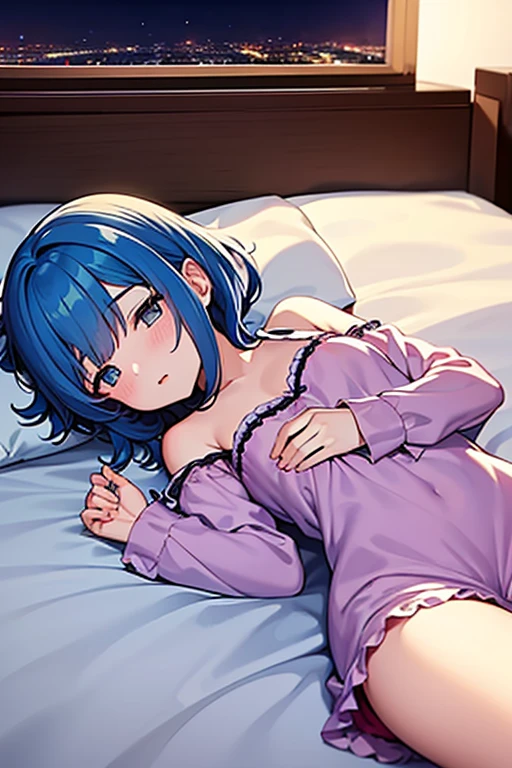 character: a cute sexy beautiful young girl(21 years aged). body :blue eyes, purple kempt hair ,medium breasts, perfect sexy body wearing : a black mask that covers her mouth , a black rose on her hair ,a black ribbon around her neck, *a sexy half purple transparent bra with black strips and flower design, *a black panty with purple strips and purple flower design, a black colored bracelet on her left hand only , long socks and boots, just wearing these all setting: she is lying on a white bed showing her full body from top-front view. pose: shown her full body , spreads her both hands on both side, winks at us with lustful eyes ( "*" marked must be done well )