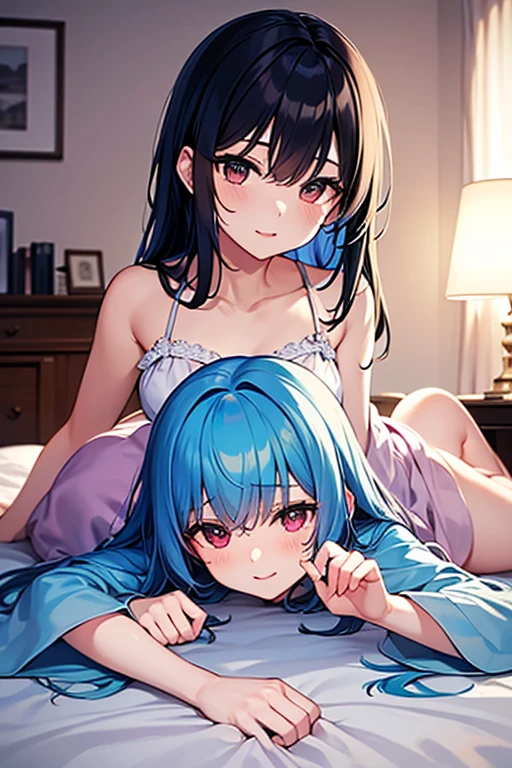 Genshin impact, 2 women, Yuri, keqing black lingerie, ganyu white lingerie, looking at each other, bed, NSFW, ecchi, hentai, fucking, fingering pussy, blushing, smile, happy tears
