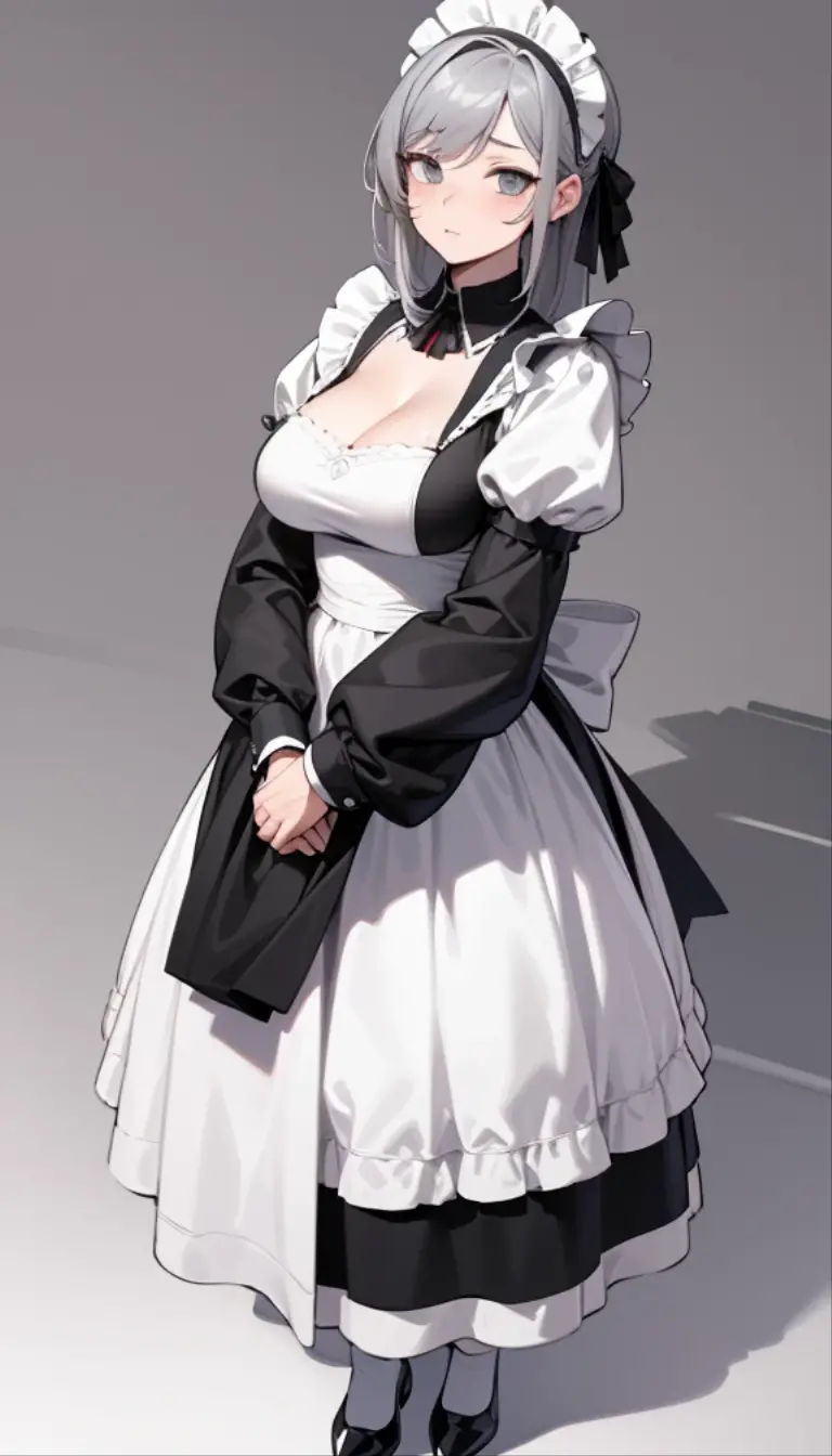 masterpiece, best quality, highres, absurdres, 8k, 4k, official art,, , (flat_color:0.9),, , 1girl, large_breasts, maid uniform, Grey hair, , ,