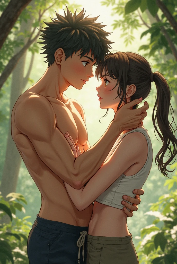 A couple is romancing across the camp on the mountain. The women are without clothes and have big hips. It is night and a fire is burning.
