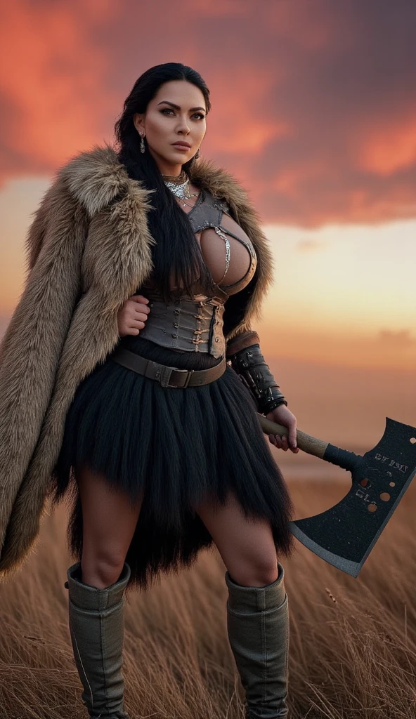 a painting of a woman in bear hide armor with her belly showing, She wears only fur leather pants that barely cover her powerful thighs., she wears furry leather boots, holding a large two-handed hammer, dwarf warrior woman, a beautiful berserker woman, north female warrior, Female Warrior, north adult female warrior, female barbara, fantasy narnarian woman, dwarven woman, viking feminino, picture of female barbara, female dwarf woman, Portrait of Barbara Female, nordic warrior