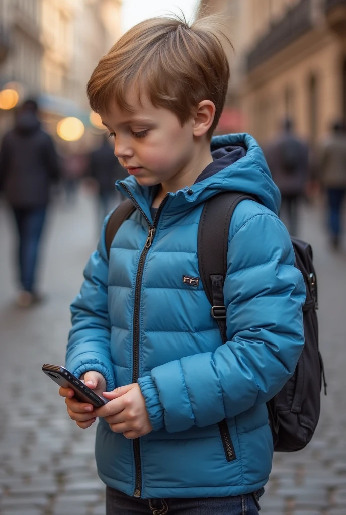 A boy taken a black bag using phone and he had wear black jacket printed D and black jeans and hedphone