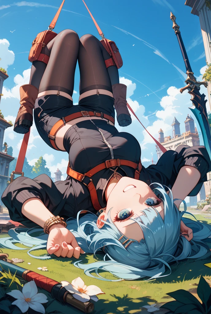 (masterpiece, best quality:1.2), <lora:JackoFront:.9> ,jochallengefront, top-down bottom up, flexible, spread legs, 1girl, solo,  <lora:gwentd:0.95>, gwentd, makeup, bangs, choker, long sleeves, corset, pantyhose, skirt, boots, outdoors, looking at viewer,
