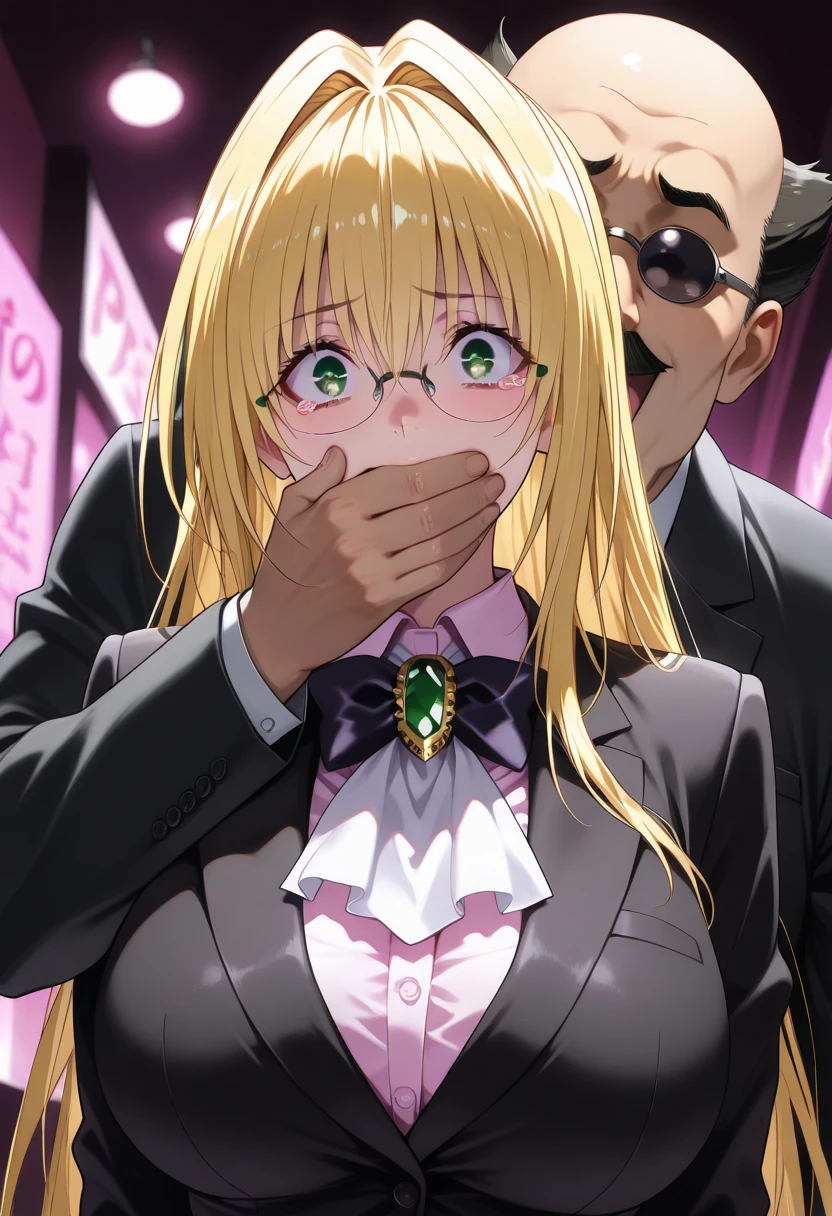 tearjulunatique, tearju lunatique, long hair, blonde hair, (green eyes:1.5), sidelocks, glasses, long sleeves, ascot, white ascot, gemstone, green gemstone, skirt, pencil skirt, classroom, (beautiful detailed eyes:1.6), extremely detailed face, perfect lighting, extremely detailed CG, (perfect hands, perfect anatomy), (Old man grabs her breasts:1.5), Very embarrassed, Troubled laughter, 3 old man, (masterpiece:1.2, blush, My chest is grabbed from behind, Surrounded by old people, Breasts are exposed, (cowboy shot:1.5), (illustration:0.8)
