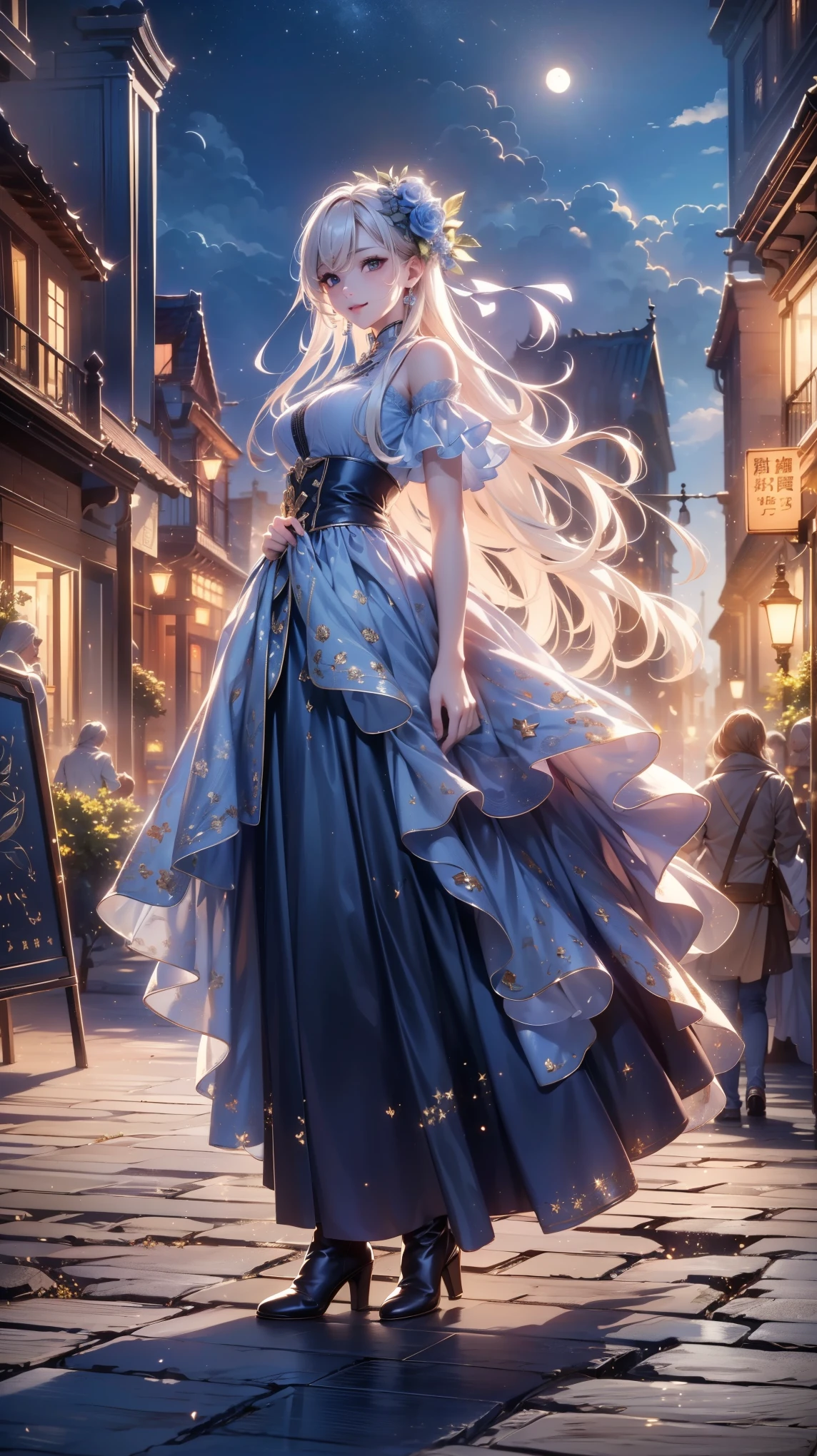 ( very detailed目, very detailed顔), ( realistic にสุดๆ, high resolution ), ( Top Quality :1.4), ( Top Quality ), portrait, 5, Midea, 1 girl ,score_9, score_8_ up, score_7_ up, score_6_ up, score_5_ up, score_4_ up, realistic skin texture that lasts deep into the middle of the night 、 Deep Night , RAW photos , ( realistic に, realistic :1.37), very detailed, Pro Pictures , (masterpiece:1.3, Top Quality , s uper high resolution, Ultramore ), ( realistic , photo realistic :1.4), beautiful illustrations , perfect lighting, anime style .( masterpiece : 1.2), ( very detailed: 1.2), ( very detailed CG: 1.2), ( high image quality : 1.2), (最 high image quality ), 8k, animated illustration , 、 beautiful girl 、とても cute天使、 gothic dress 、 cute、、smile、 long skirt、 Black Long Boots 、 Turquoise Eye, cute女性 ,street, Store , sign,European Buildings,slate paved ,Rose flower,