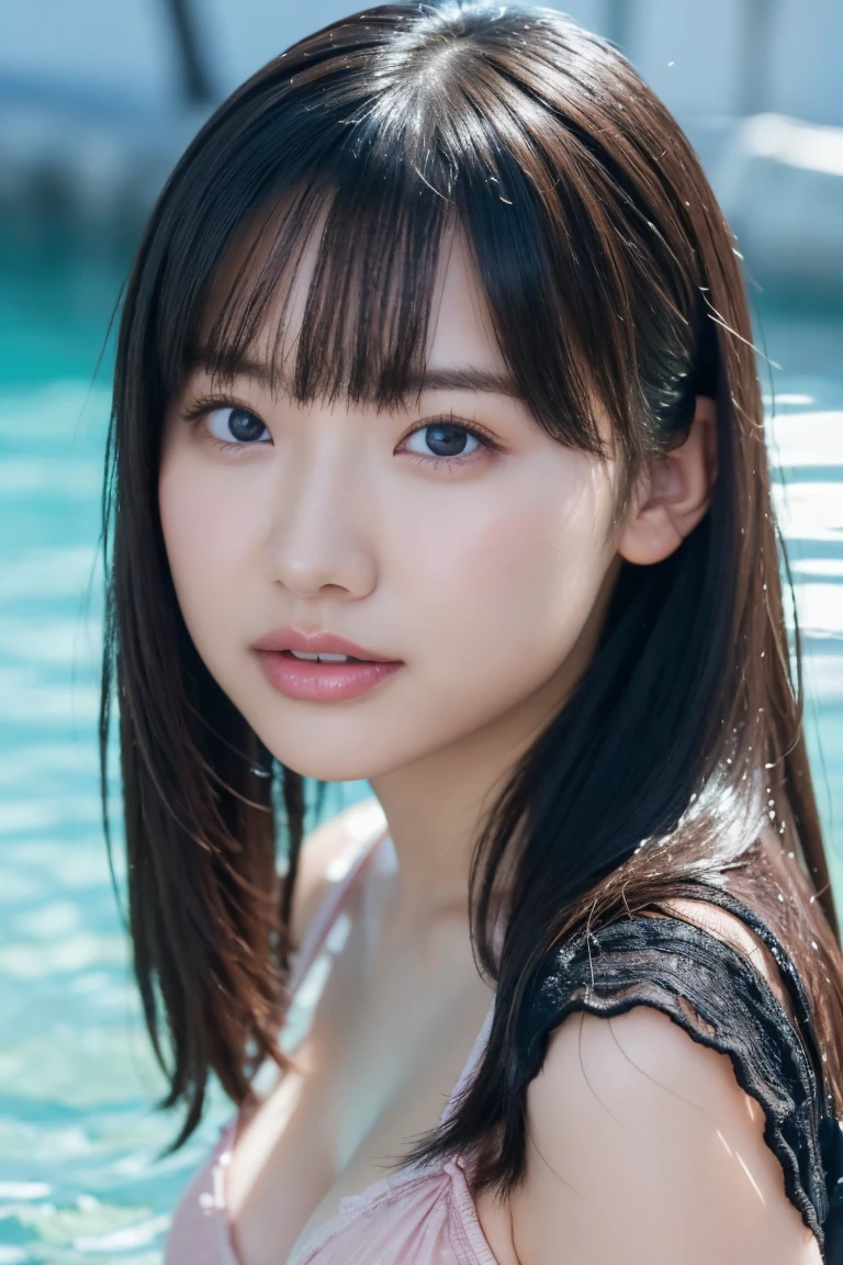 (Best Quality, masutepiece: 1.2), (High resolution: 1.2), (Soft Saturation: 1.5), (Beautiful skin: 1.2), (Big Breast: 1.2) (Soft Focus: 1.5), (Super Detailed background, Detailed background), girl, Idol, Big Breast, Full-figured, Smile, When viewed from the front, The composition is symmetrical, Short black hair, (Big Breast: 1.3, thin lips: 1.3, Small lips: 1.3), Big eyes, White skin, hair messy, Stylish bikini, In the pool, Gold Bracelet, From Bihind，