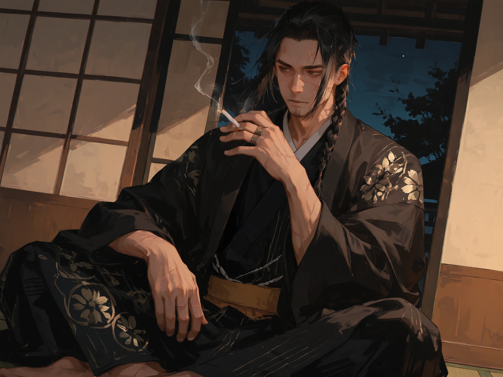 upper shot, dutch angle, looking away, makes an aesthetic, Master piece, Best Quality, ultra detailed, a handsome man, (man:1.6), solo, (male:1.6) long Hair, black hair, male hair in braid, squinting, Old scars on cheeks, toned, black kimono with gold pattern, black Japanese coat, sitting, indian style, cigarette between fingers, Japanese-style room, night,