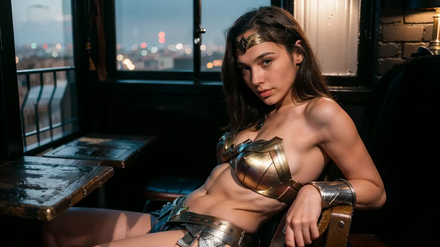 ((masterpiece), (solo character), (photorealistic:1.4), ),(best quality), (epiCRealLife), (g4lg), (g4lg show abs), (g4lg show cleavages), (Gal Godot in wonder woman costume), (lora:epiCFlashPhoto),(flashphoto), (flash photography) (look at viewers), (Paris bar), (Paris city landmark views), (window), (night time), (pose for picture), (sitting at lounge sofa), (looking at viewers), (