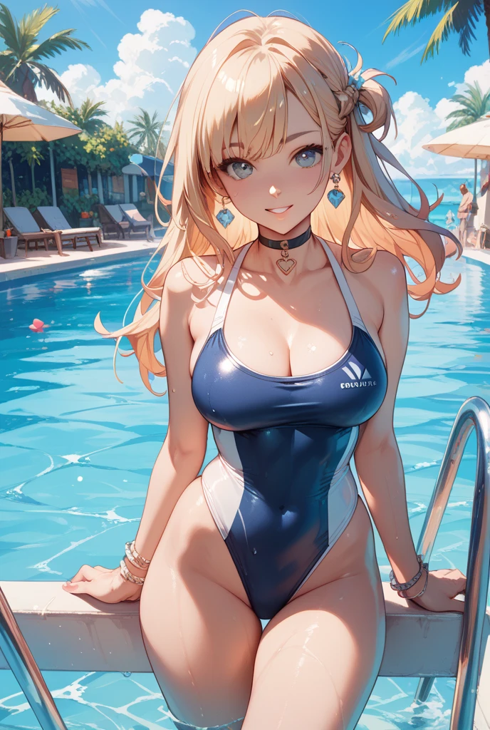 ((Best Quality, 8K, ultra-detailed, Masterpiece: 1.3)), 1girl, shiny skin, sharp, Perfect Body Beauty, realistic shaded perfect body, ("school swim suite, transparent_pussy":1.2),big_breasts ,(dynamic pose:1.1), thigh , cute , pool side,stick out sideboob