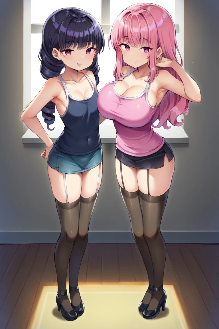 2 heads, a short pudgy woman with 2 heads. In a changing room. Wearing lingerie. Neon hair. Mature. Happy, smiling. Thin face. Sexy, seductive. Big lips. Adorable. Girlfriend. Happy. Shortstack, midget. Extremely short, tiny. POV selfie, taking a selfie. Blushing.