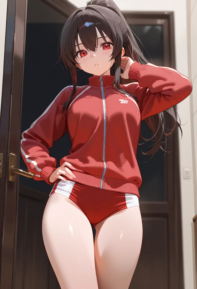 ((最高品質)), ((傑作)), (詳しい), 完璧な顔,1girl,Tall,Leggy,house wife, thicc,Voluptuous,thicc,30 years old,glasses,(((from front,))),(((foot focus))),full body,from below,(((squatting,spread legs,turn knees out))),((arms behind back,hands on floor)),updo hair,chignon,looking at viewer,(((moody face))),(bashful,embarrassed), ((pink condom in mouth)),Break,dark blue volleyball uniform,Long Sleeves, see through thin red micro bikini,(covered nipples:1.2), (cameltoe:1.2),(((extremely detailed pussy,pubic hair))),(((dark blue thigh high socks))),(see through thin red micro bikini,blue volleyball uniform:1.1)
