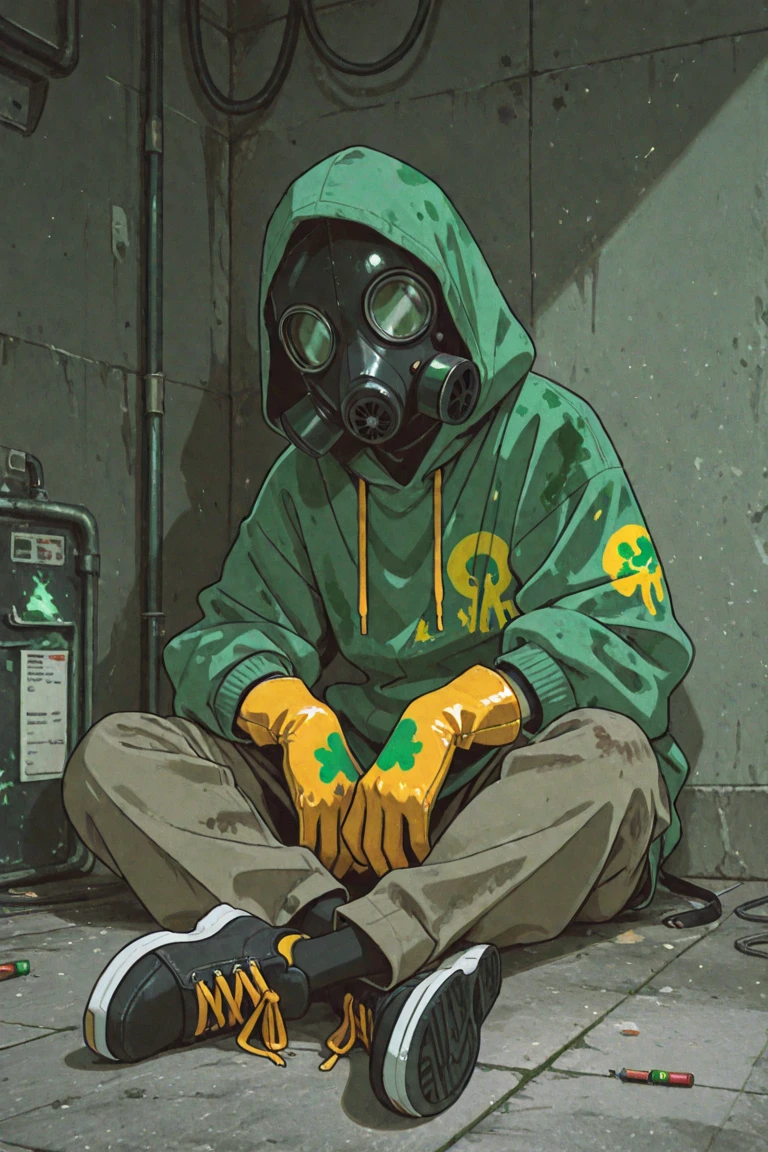 SpongeBob sitting on his bed while it’s raining outside and he’s sad and he’s wearing a Nike hoodie and black air forces and glowing yellow and holding a cup with yellow liquid in it