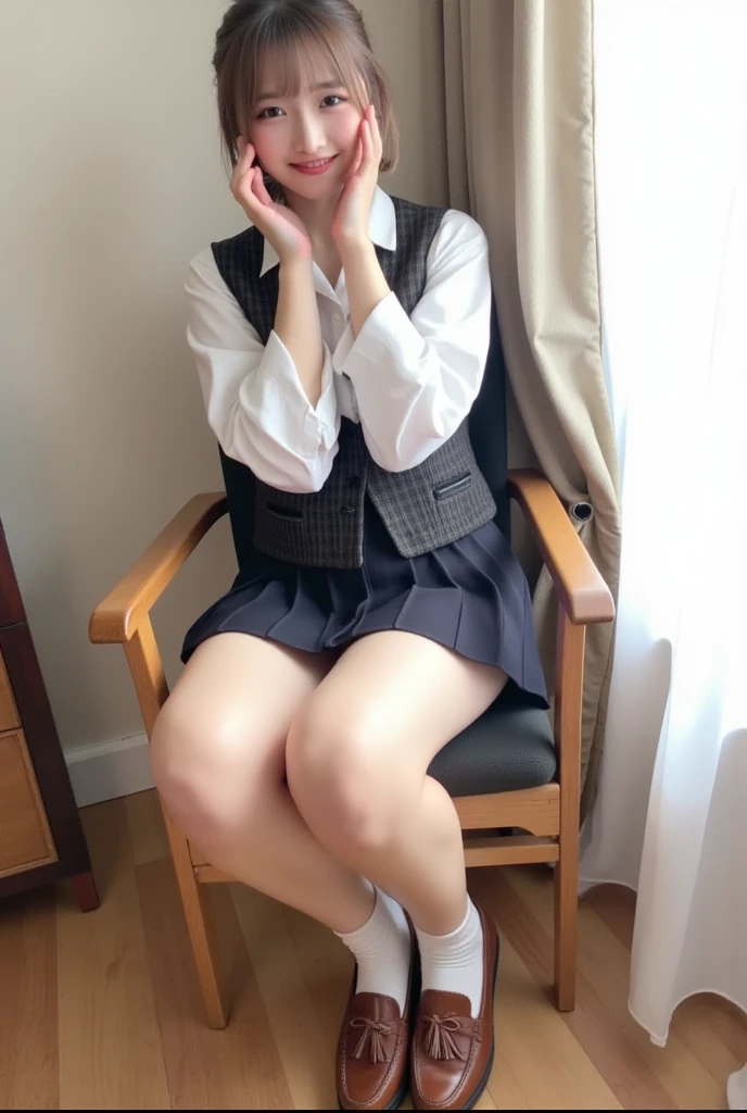 ((highest quality、8k、masterpiece:1.3)),((((fullbody shot)))),Ultra-high resolution,big eyes,Japanese,bangs,(a girl),(1 girl),((20 years old)),((facing at viewer)),(long hair),(((black sailor uniform))),grin,((sitting on chair)),(pleated mini skirt),(((pussy))),((pubic hair)),((skirt lift)),(((short crew socks))),((from above))
