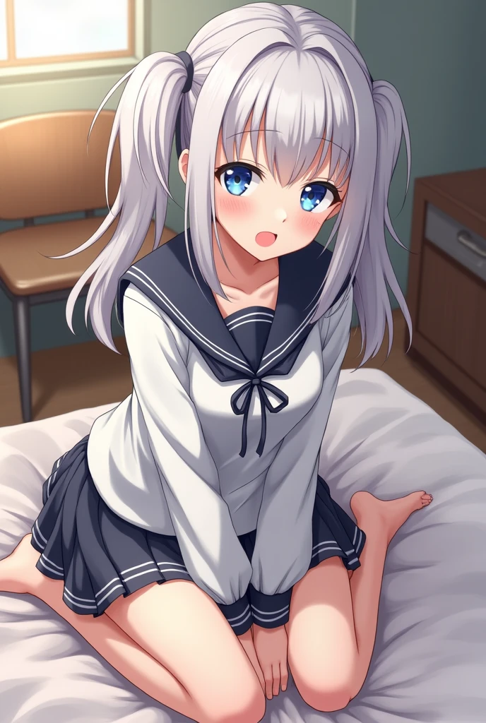 anime girl in school uniform lying on her stomach on the bed