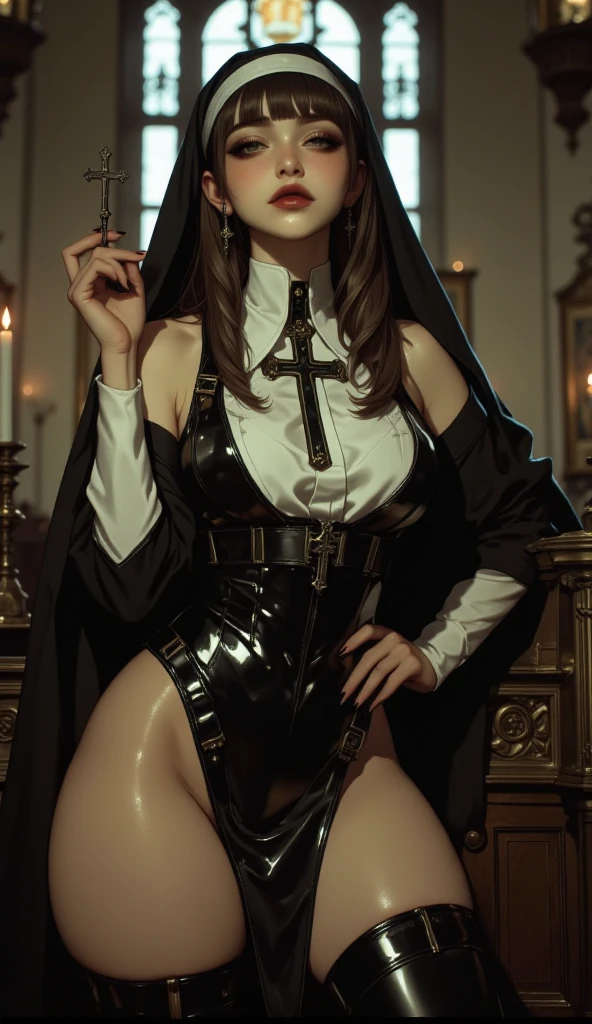 Masterpiece, dynamic shot, (multiple female characters), A picture of beautiful succubus on a leash in a crowd of sexy nuns around , nuns, succubus, beautiful demon girl, horror, dark, sexy, rough domination, domination, on a leash, bdsm, golden chains, (golden leash), collar, golden collar, beautiful bodies, slim, horror style, highly detailed faces, (silk underwear), stockings, leather tight boots, closeup