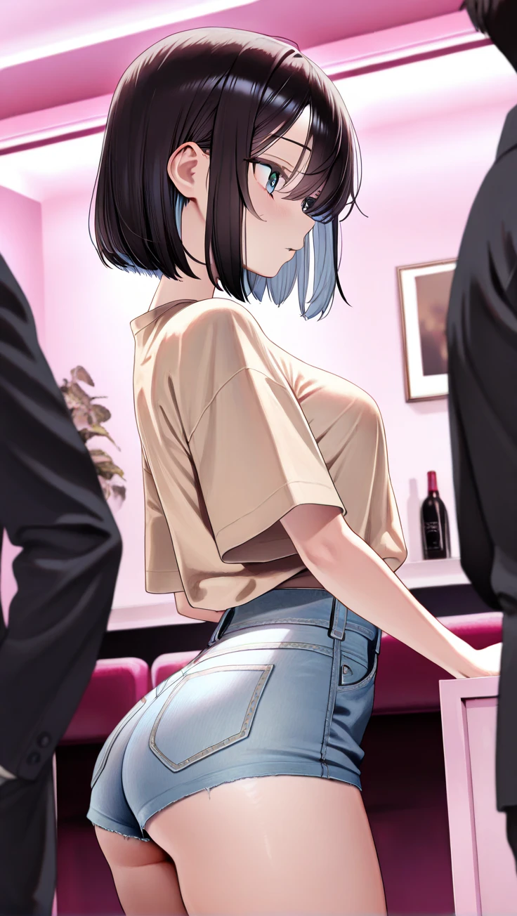 1 face, standing, (girl in skinny tight navy jeans), (long jeans), (navy jeans), ((jeans ass)), slim, slender, 17 years old, (short bob cut), ((black hair)), bangs, nose blush, full opened eyes, round mouth, drool, orgasm, (white hoodie), (((embarrassed))), hard sweat, big ass, ahegao, detailed face, blue eyes, subway interior, crowded, man hands on her ass, (arms up), pov, japanese, detailed ass, detailed jeans, ((grab ass)), detailed cloth, high quality, small breast