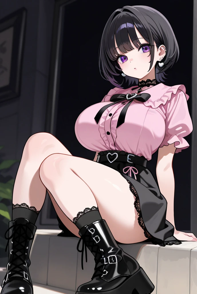 Wheelchair, young woman, young adult, shortstack, tomboy, goth, ((mohawk)), huge breasts, cleavage, chubby, plump, demon, demon girl, oni, oni horns, playful, flirting, crippled, paraplegic, handicapped, disabled, soft legs, atrophied legs, bedroom, 