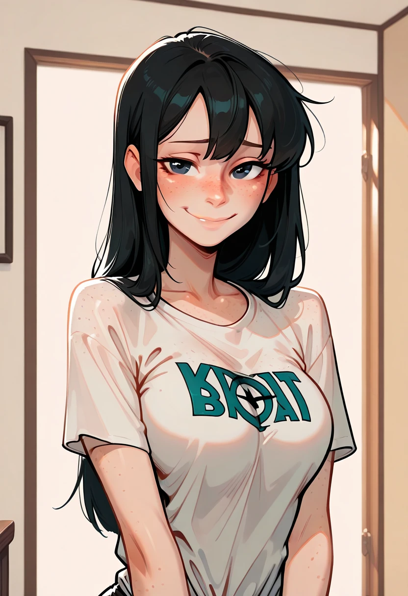 Amazing portrait of a sexy and woman with a beautiful face with seductive eyes gazing intensely at me with her soft lips parted in anticipation of a kiss which is making her blush intensely her lips are also curved in a soft smile she has her luscious black hair in a cute bun wearing a black and white striped t shirt and a dark green skirt paired with some elegant earrings her t shirt showing her medium chest and perfect body off