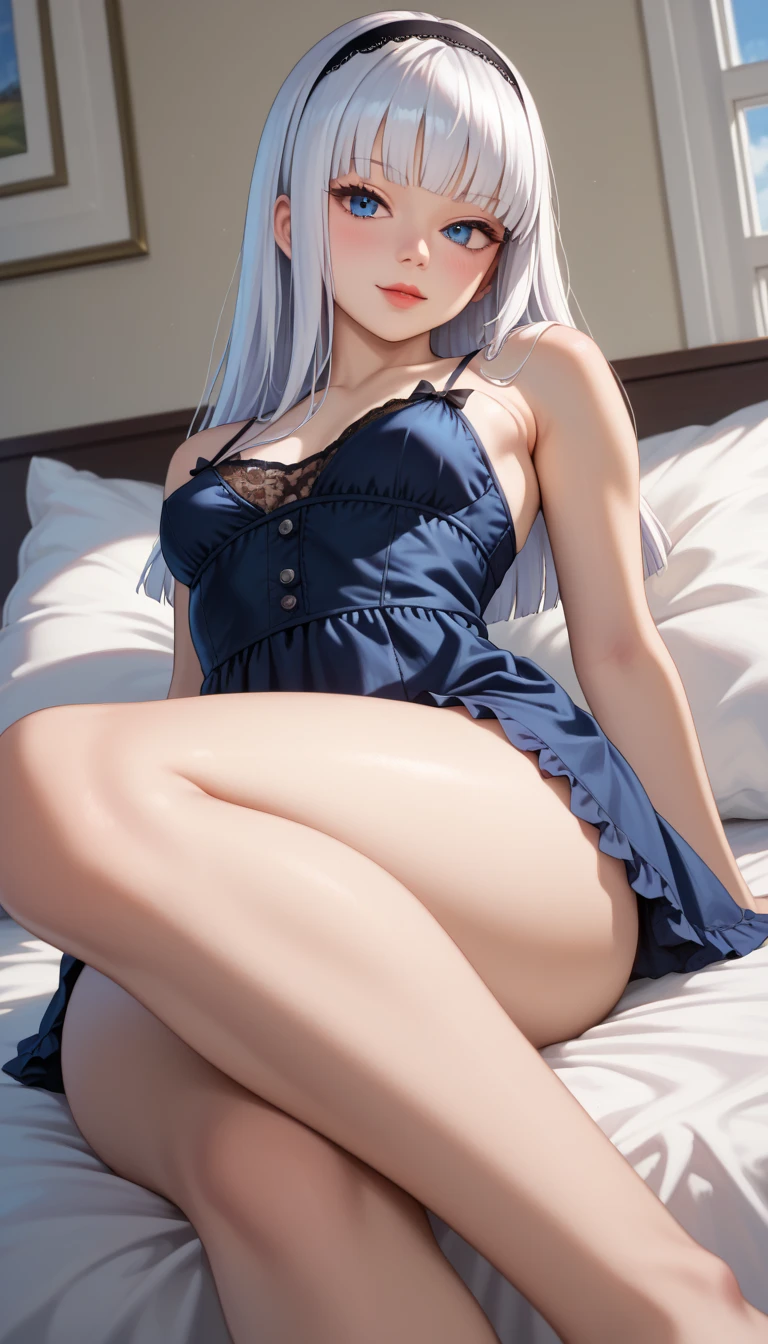 Best Quality, masutepiece,, Illustration, Wallpaper,1girl in, Solo, White bra, Bright purple-silver hair, Semi-long hair, Beautiful detailed girl, extremely detailed eye and face, Beautiful detailed eyes, Shy, natural_Lighting, Glow,NSFW, Clean sky, Looking at Viewer, Outdoors, nigh sky, Star (skyporn), Loafer shoes, Black pantyhose, blue bowtie, Straight hair, Purple petals, Purple and blue flowers, Ponytail, Blue Ribbon,White hair, Thick_thighs thighs thighs thighs, Large breasts,knee sox,Open your crotch,barechested,,Sleep in bed,be shy,toppless,Upper body naked,sleep,Shot from the top of the bed,