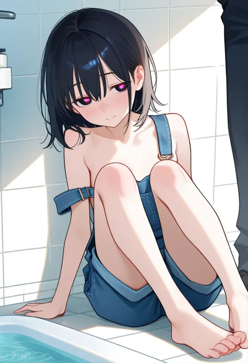 1.woman blushing embarrassed short hair naked examination nipples legs open toilet sitting on toilet bowl front