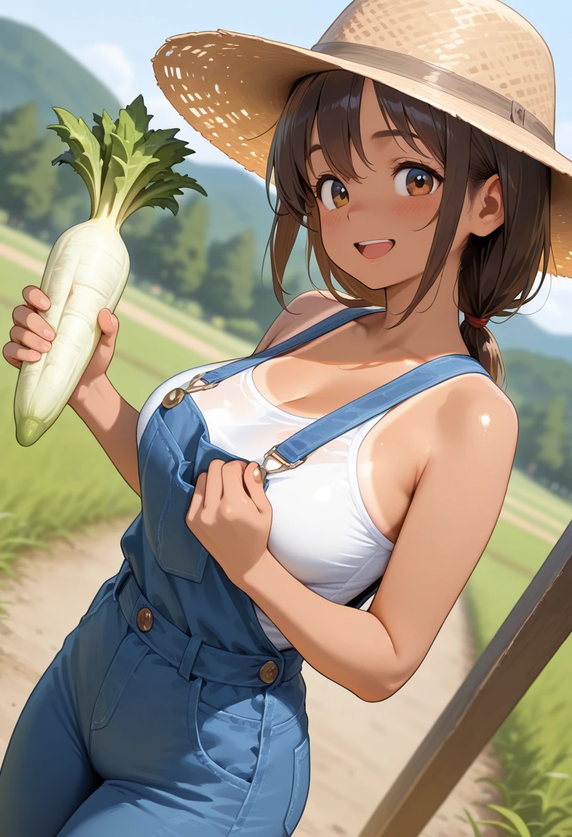 Beautiful farm Woman,(hotify:1.2), huge breasts, suspenders, cleavage, field,crop,farm, brown hair,hat, (carrot between breasts:1.4), (masterpiece, detailed, highres:1.4)