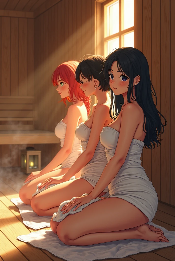 Career Woman. (sauna). (Mass sweat:1.4). (Full of steam:1.4). (Wet bath towel:1.4) .(Forehead:1.2).(4+Women and girls:1.6), masuter piece, Textured skin,High resolution, Ultra high definition, of the highest quality, Very detailed, Professional Lighting, of the highest quality, Best Quality, acurate, Anatomically correct, Textured skin, Super Detail, high details, High quality, Best Quality.