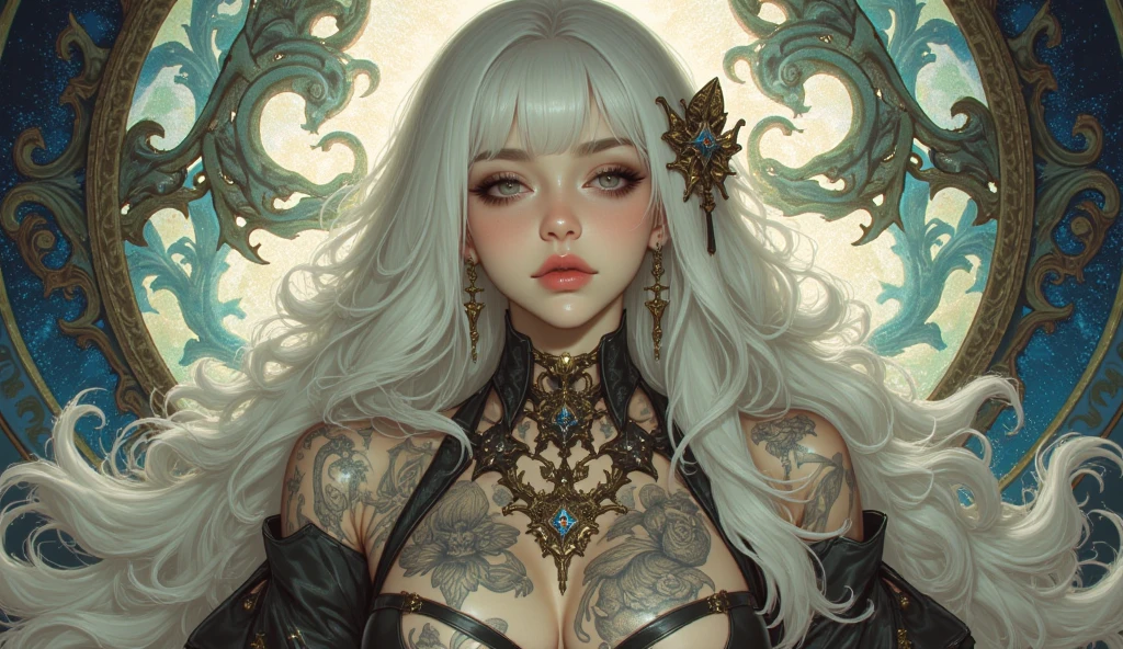 extreme dark background,  perfect face, perfect body, full body, colorful design , Aurora, mythical, fatal seduction, erotic pose, pore white hair, body covered with tattoo, erotic, dark light, naked, glowing light, porn star 